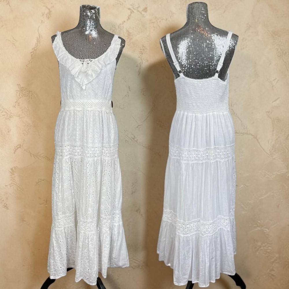 White Eyelet Lace Maxi Dress Sleeveless Tiered Cottagecore Boho Prairie Large